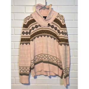 Chap's Women's XL Pink & Brown Fair Isle Cotton Shawl Neck Sweater Nordic Cabin